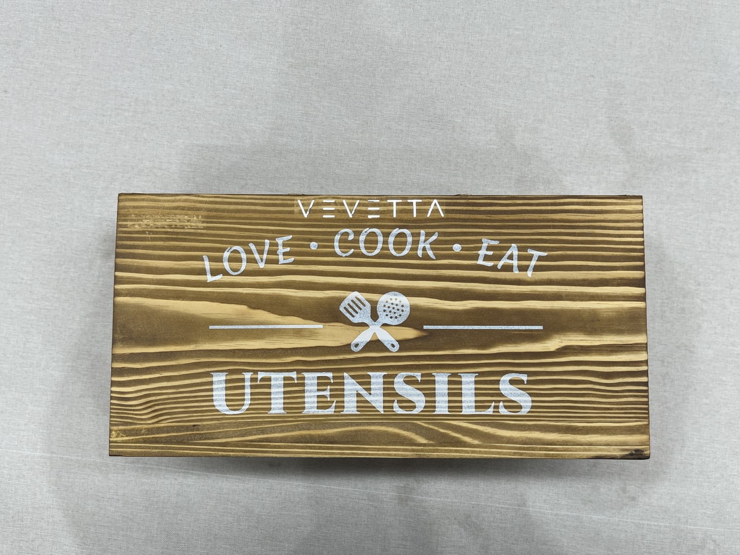 VEVETTA Rustic Wooden Kitchen Utensil Holder - Countertop Organizer with "Love Cook Eat" Design - Image 2