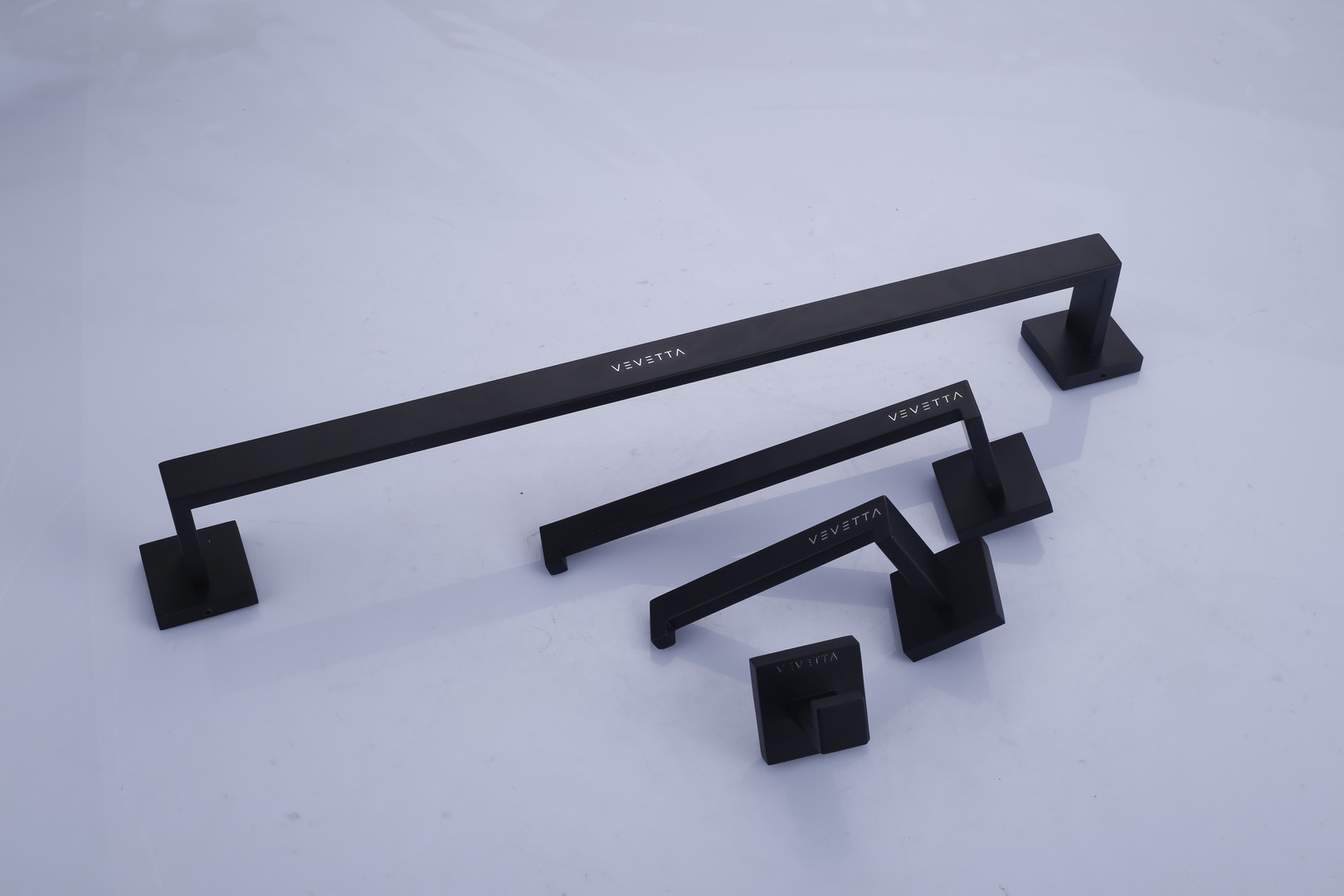 VEVETTA 4-Piece Matte Black Bathroom Hardware Set – Towel Bar, Toilet Paper Holder & Robe Hook