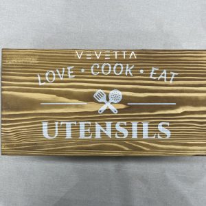 VEVETTA Rustic Wooden Kitchen Utensil Holder - Countertop Organizer with "Love Cook Eat" Design