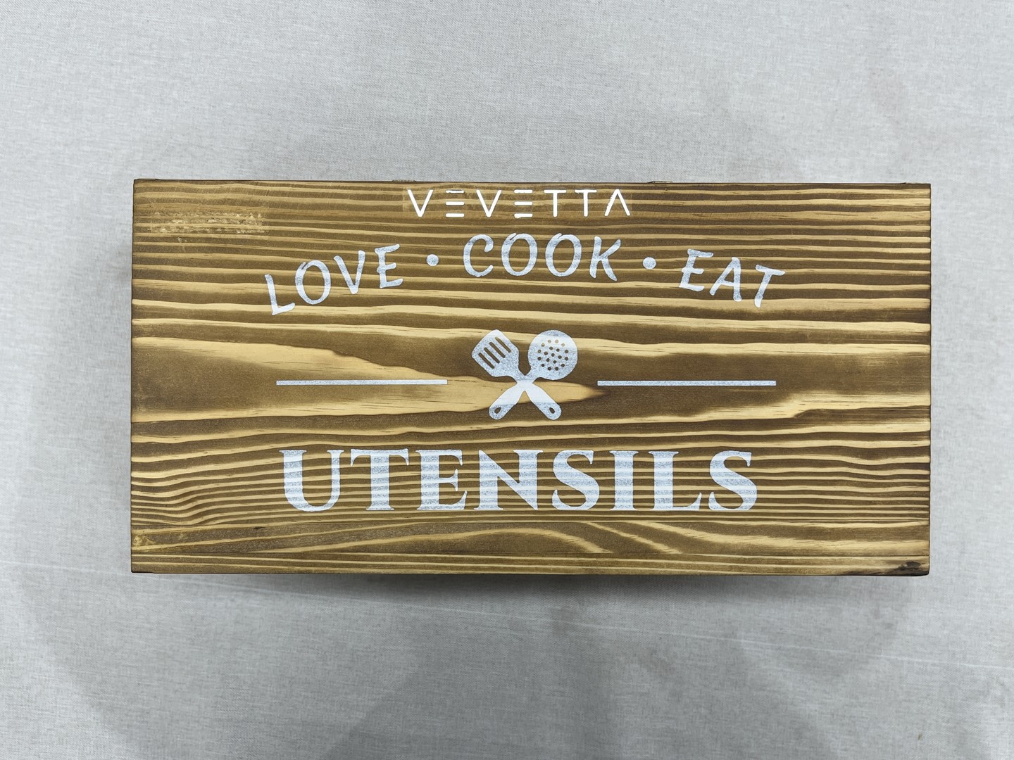 VEVETTA Rustic Wooden Kitchen Utensil Holder - Countertop Organizer with "Love Cook Eat" Design