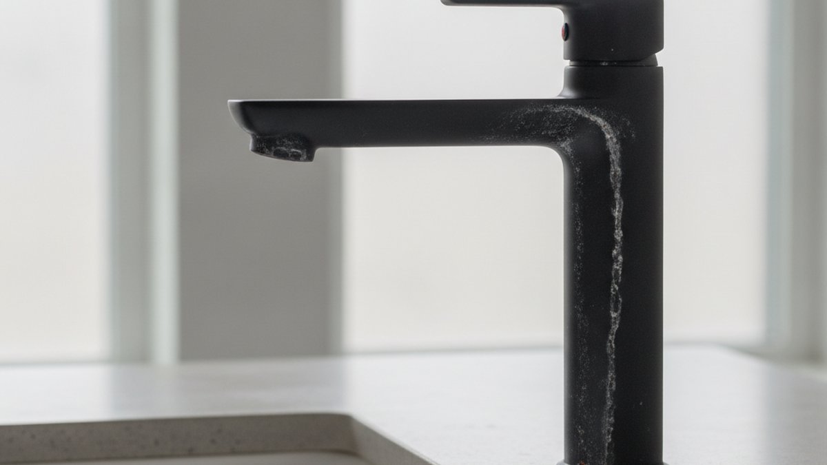 black faucet with hard water stains